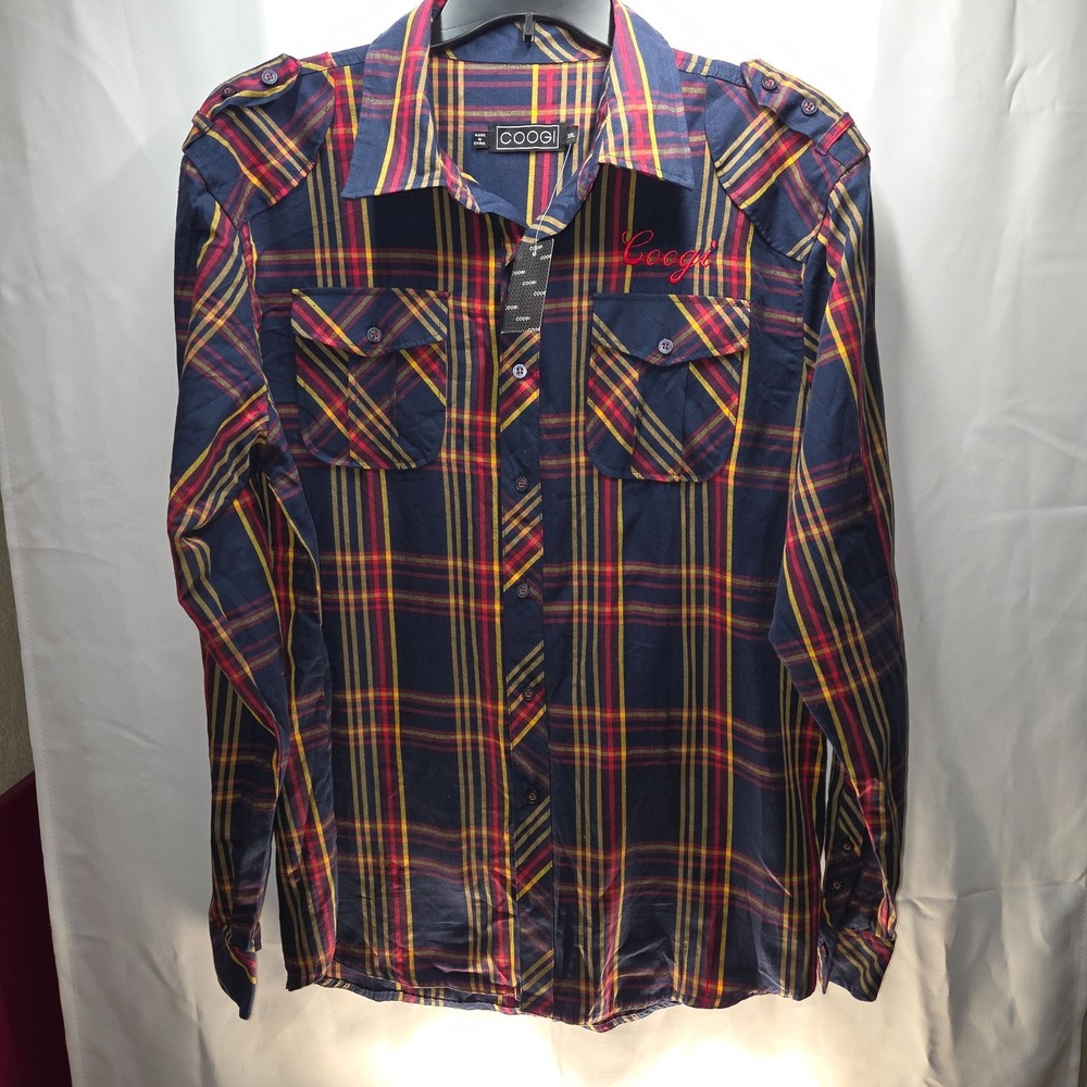 Coogi Men's 2XL Red Blue Plaid Long Sleeve Shirt NWT Hip Hop Style